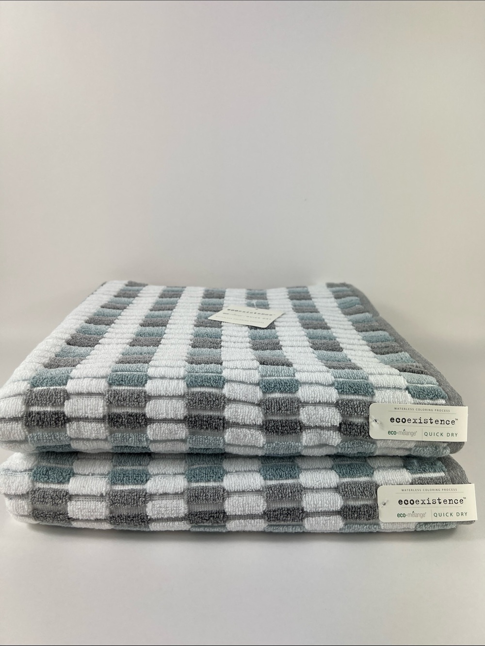 Ecoexistence Eco Melange Bath Towels Blue Gray & White Quick Dry Cotton 2 Pc NEW
